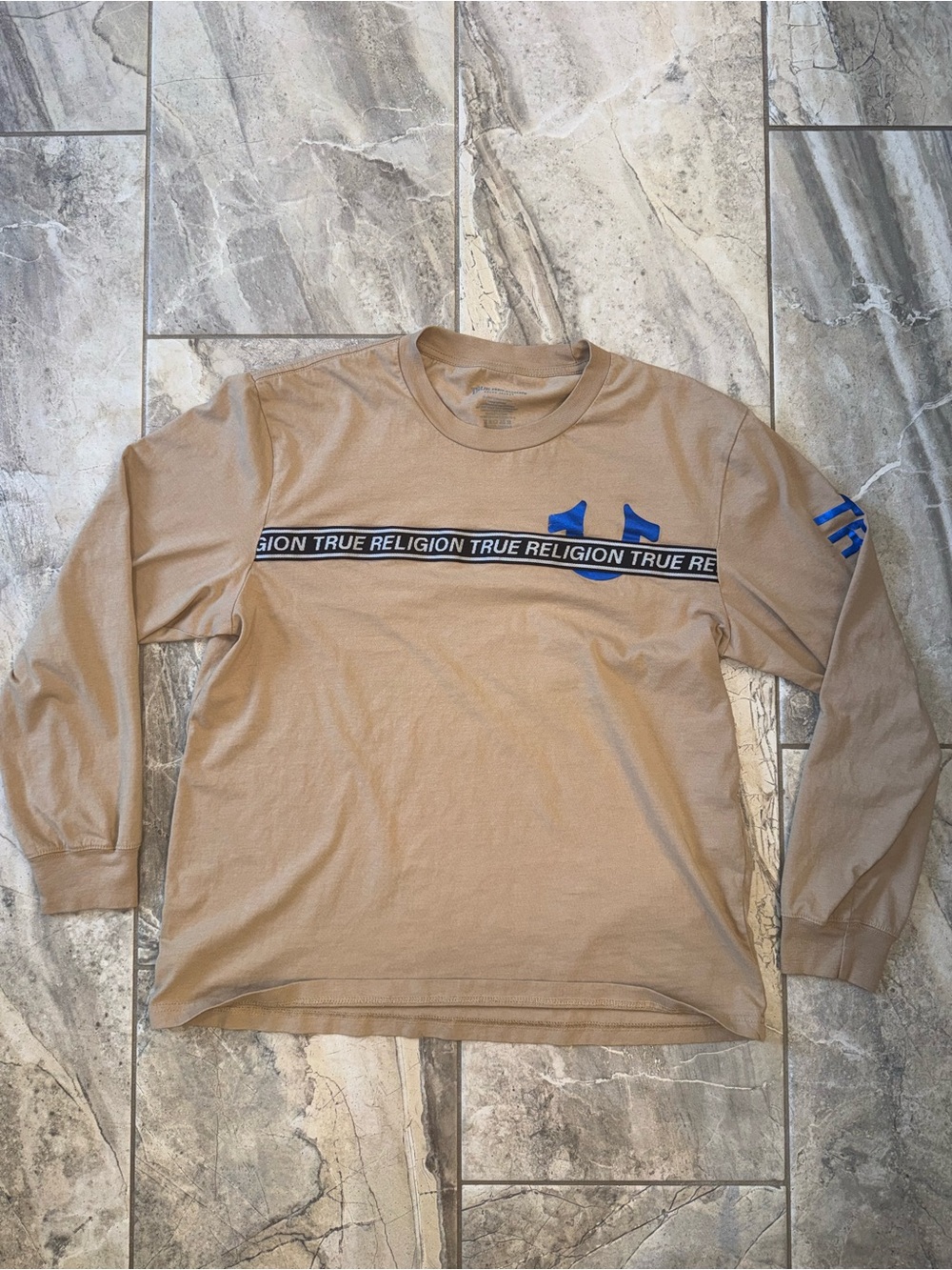 True Religion Men’s Long Sleeve Tee in Tan with Blue Logos